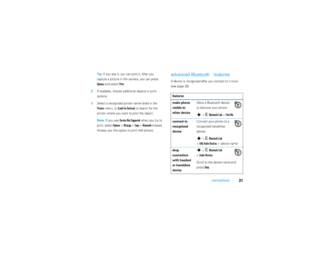 Motorola V9 manual Advanced Bluetooth features, Bluetooth Link Find Me, Audio Devices 