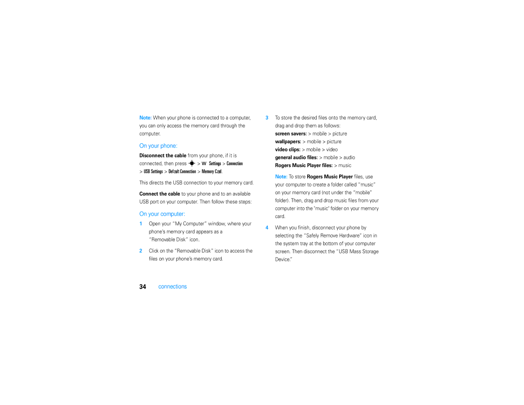 Motorola V9 manual On your phone, USB Settings Default Connection Memory Card, On your computer 