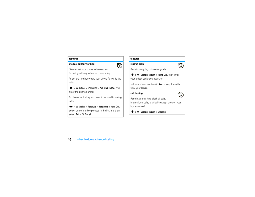 Motorola V9 manual Settings Security Call Barring, Features Manual call forwarding, Features Restrict calls, Call barring 