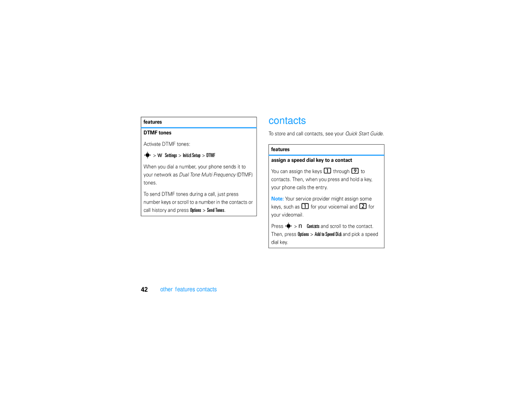 Motorola V9 manual Contacts, Settings Initial Setup Dtmf, Other features-contacts, Features Dtmf tones 