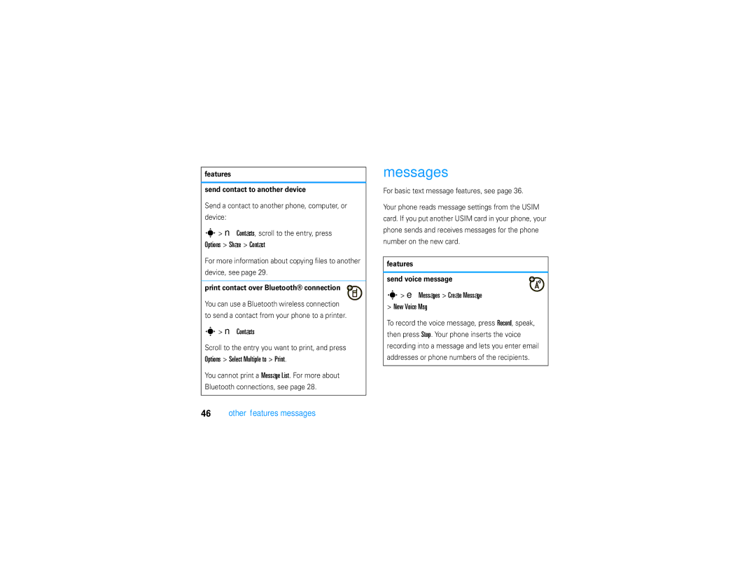 Motorola V9 manual Contacts, Messages Create Message New Voice Msg, Other features-messages 