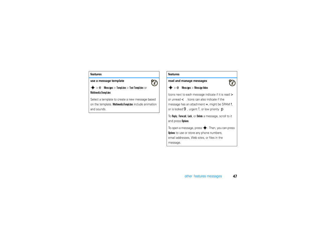 Motorola V9 manual Messages Templates Text Templates or Multimedia Templates, Messages Message Inbox 