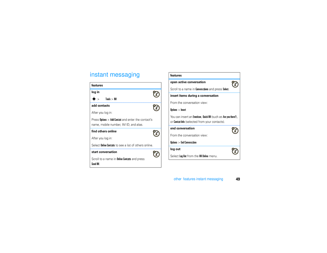 Motorola V9 manual Instant messaging, Other features-instant messaging 