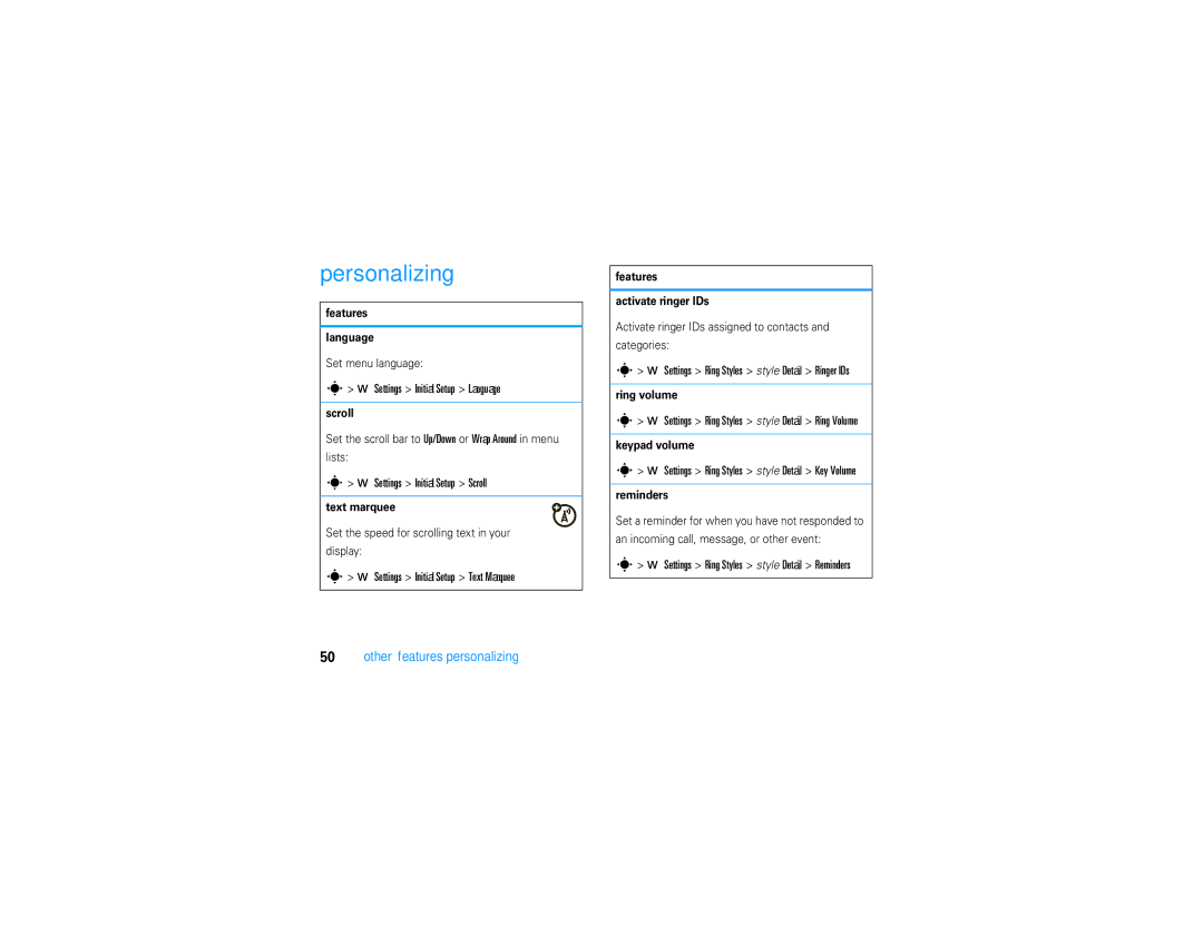 Motorola V9 manual Personalizing, Other features-personalizing 