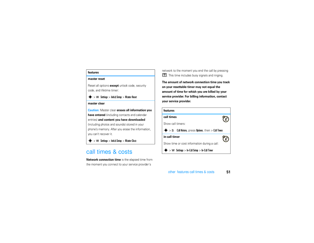 Motorola V9 manual Call times & costs, Other features-call times & costs 