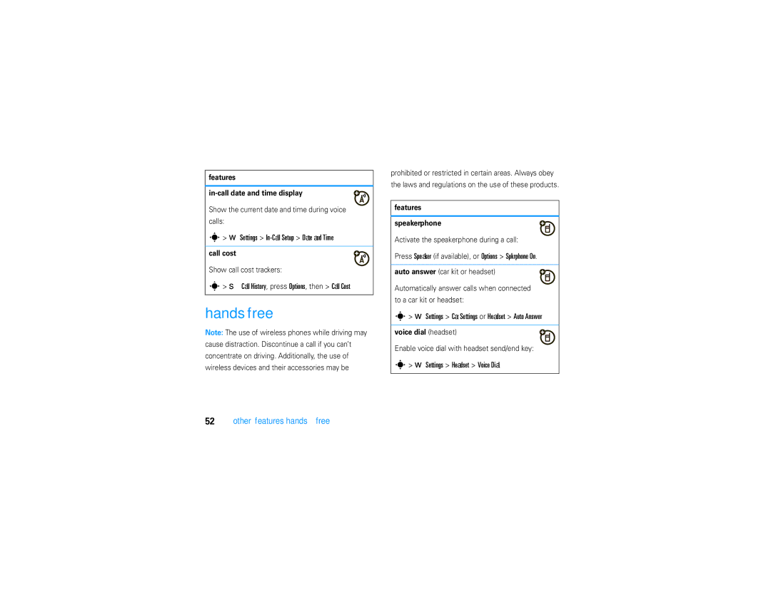 Motorola V9 manual Handsfree, Settings In-Call Setup Date and Time, Call History, press Options, then Call Cost 