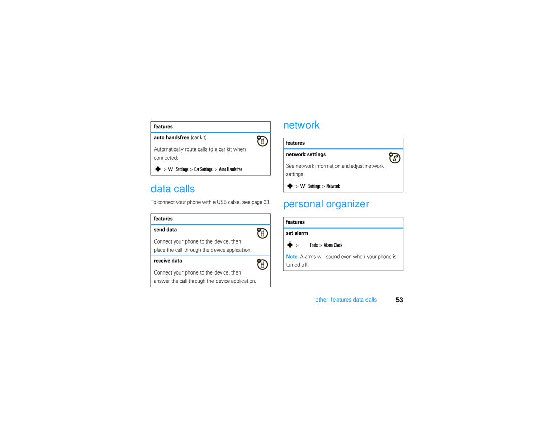 Motorola V9 manual Data calls, Network, Personal organizer, Other features-data calls 