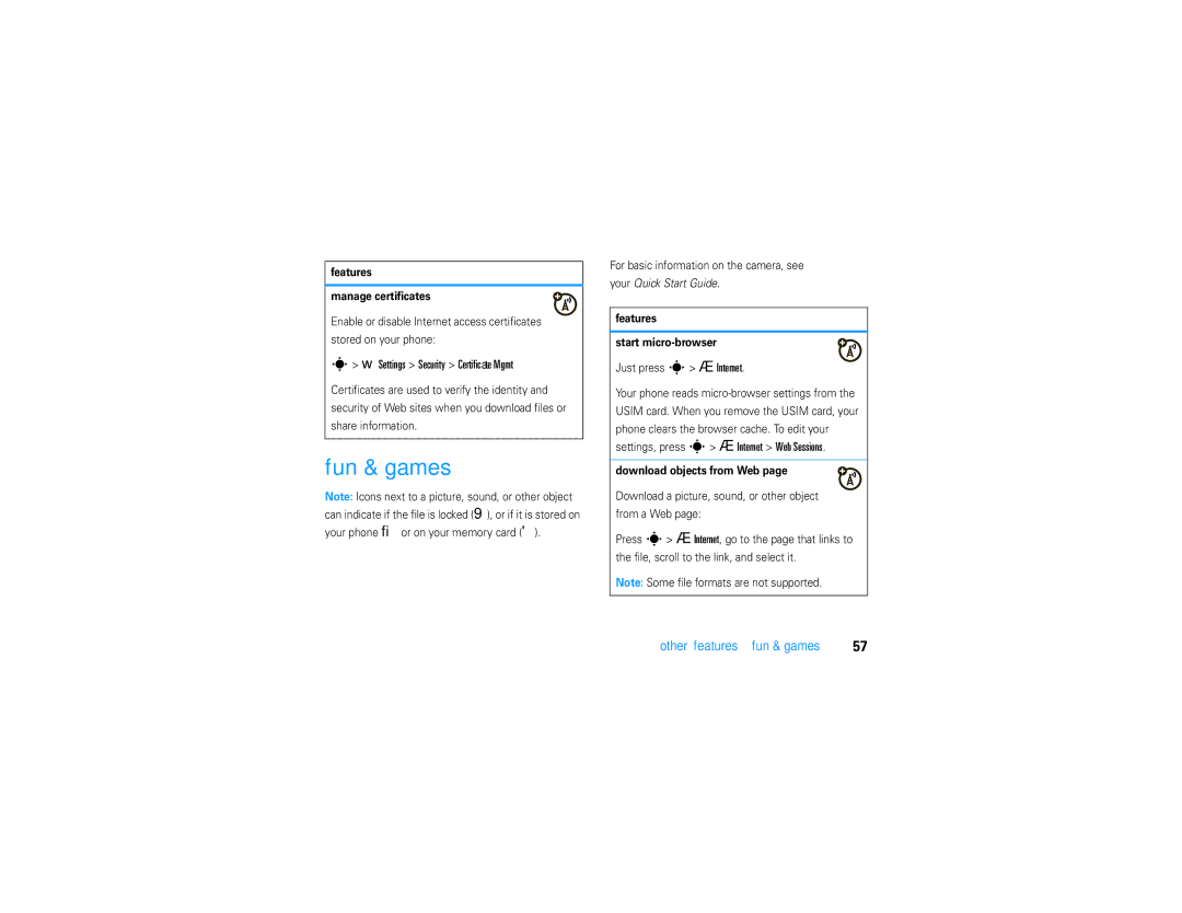 Motorola V9 manual Fun & games, Settings Security Certificate Mgmt, Other features-fun & games 