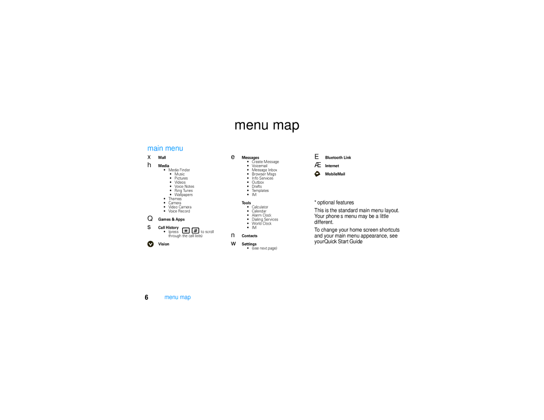 Motorola V9 manual Menu map, Main menu, Optional features This is the standard main menu layout 