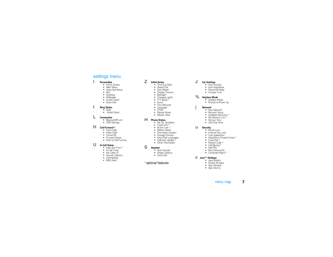 Motorola V9 manual Settings menu, Optional features 