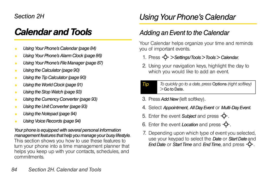 Motorola V950 Calendar and Tools, Using Your Phone’s Calendar, Adding an Event to the Calendar, Press Add New left softkey 