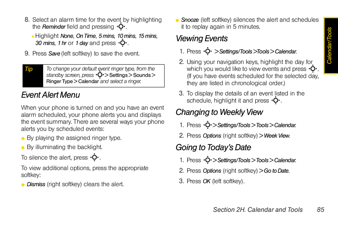 Motorola V950 manual Event Alert Menu, Viewing Events, Changing to Weekly View, Going to Today’s Date 