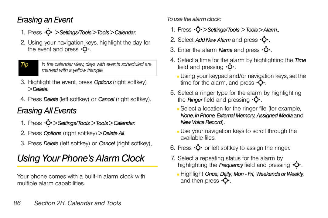 Motorola V950 manual Using Your Phone’s Alarm Clock, Erasing an Event, Erasing All Events, To use the alarm clock 