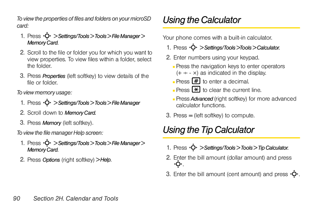 Motorola V950 Using the Calculator, Using the Tip Calculator, To view memory usage, To view the file manager Help screen 