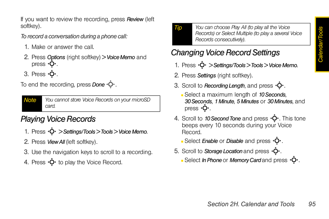 Motorola V950 manual Playing Voice Records, Changing Voice Record Settings, To record a conversation during a phone call 