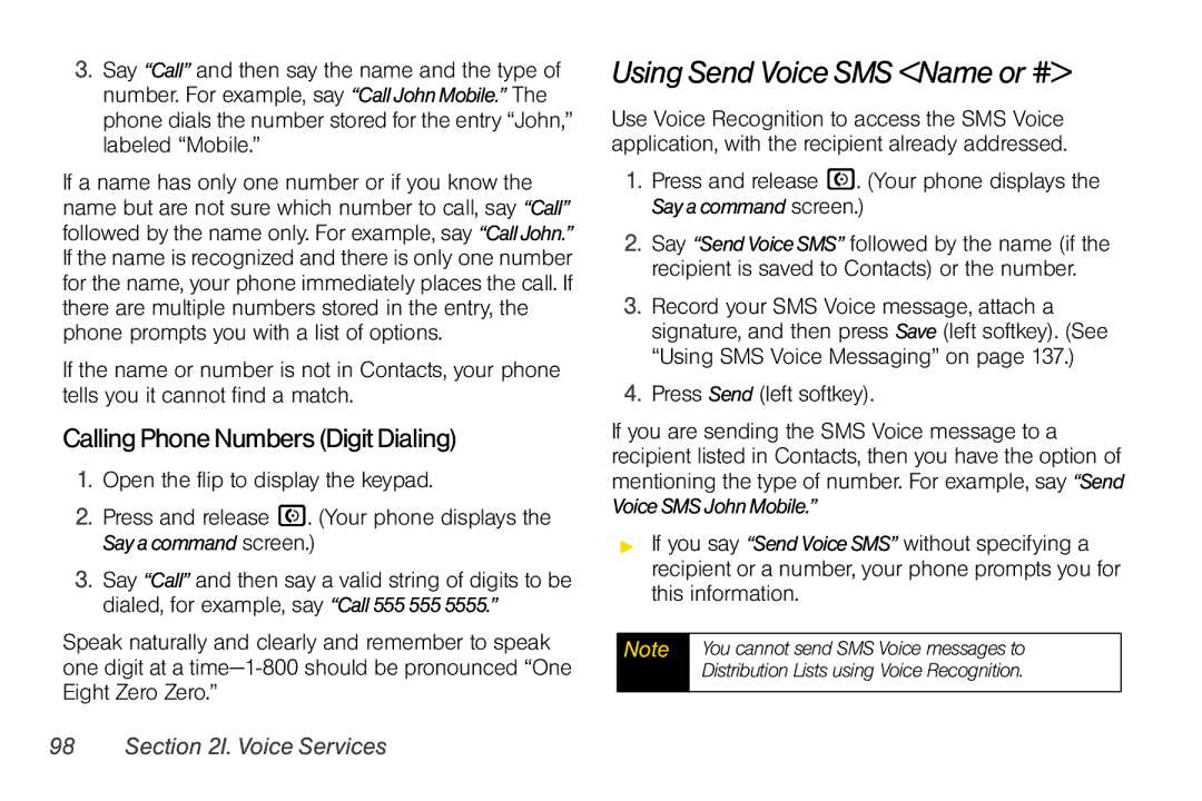 Motorola V950 manual Using Send Voice SMS Name or #, CallingPhoneNumbersDigitDialing, Press Send left softkey 