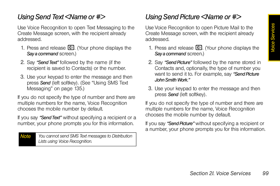 Motorola V950 manual Using Send Text Name or #, Using Send Picture Name or #, Lists using Voice Recognition 