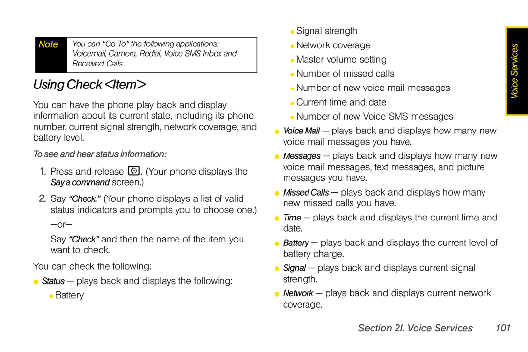 Motorola V950 manual Using Check Item, To see and hear status information, Voice Services 101 