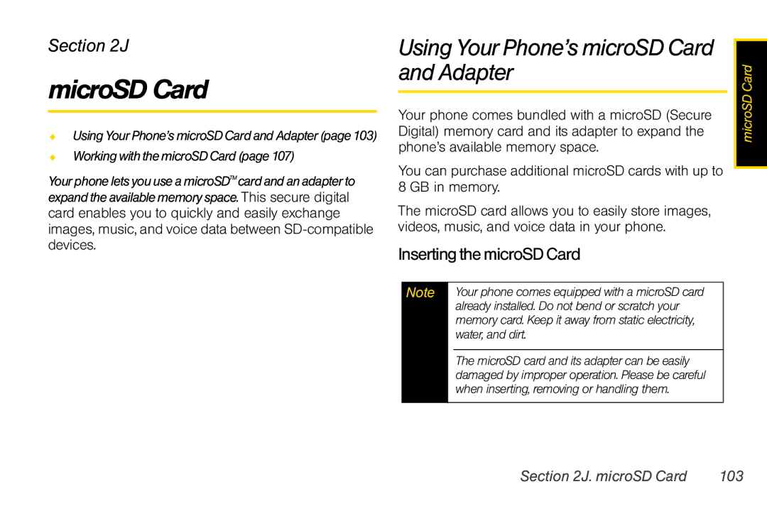 Motorola V950 manual Using Your Phone’s microSD Card Adapter, InsertingthemicroSDCard, MicroSD Card 103 