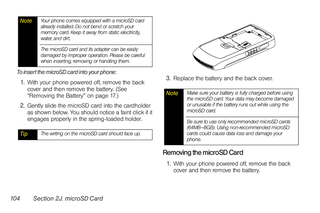 Motorola V950 manual RemovingthemicroSDCard, ToinsertthemicroSDcardinto yourphone, Replace the battery and the back cover 