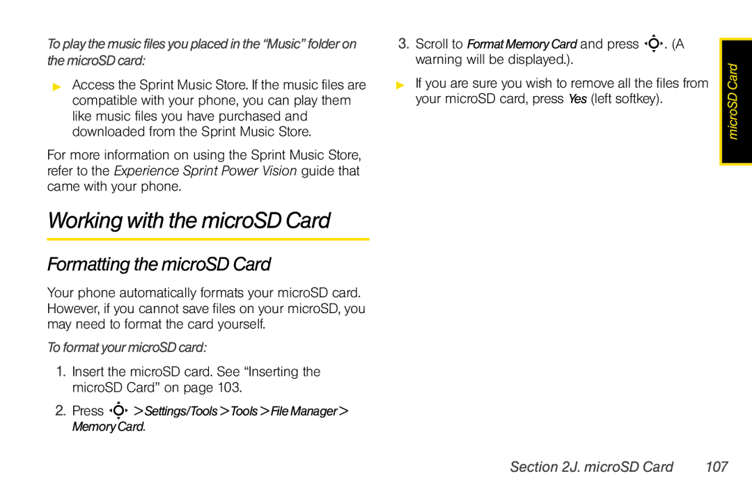 Motorola V950 manual Working with the microSD Card, Formatting the microSD Card, To formatyourmicroSDcard, MicroSD Card 107 