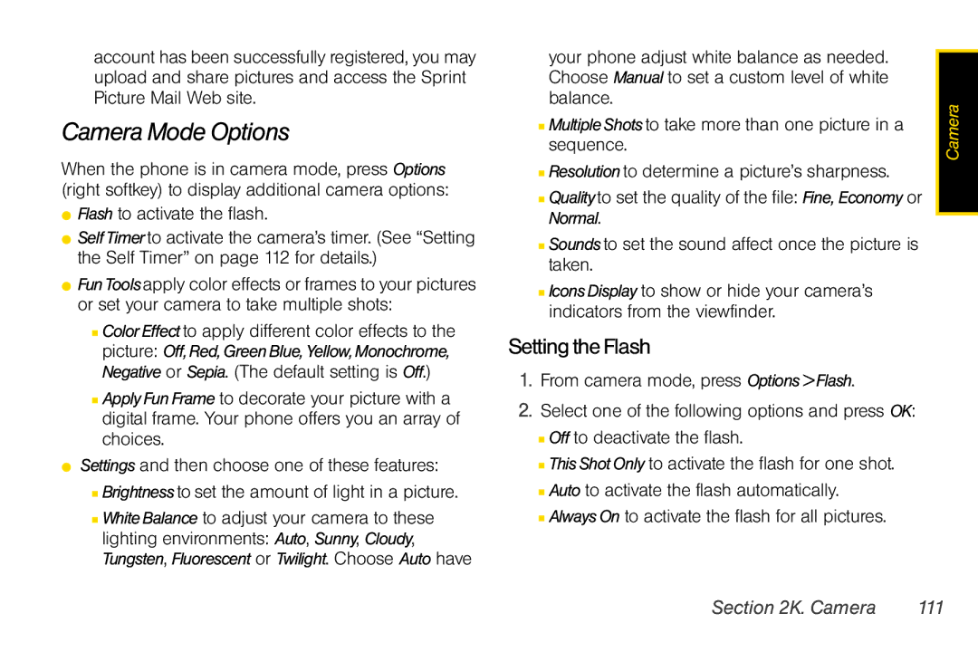 Motorola V950 manual Camera Mode Options, SettingtheFlash, Camera 111 