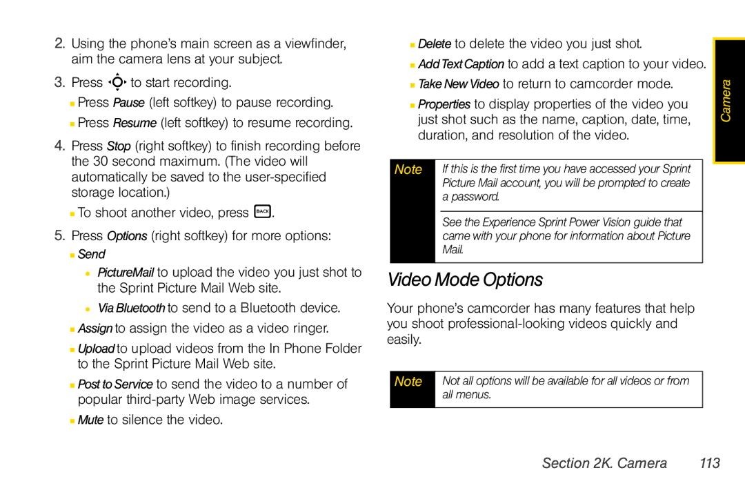 Motorola V950 manual Video Mode Options,  Take New Video to return to camcorder mode, Camera 113 