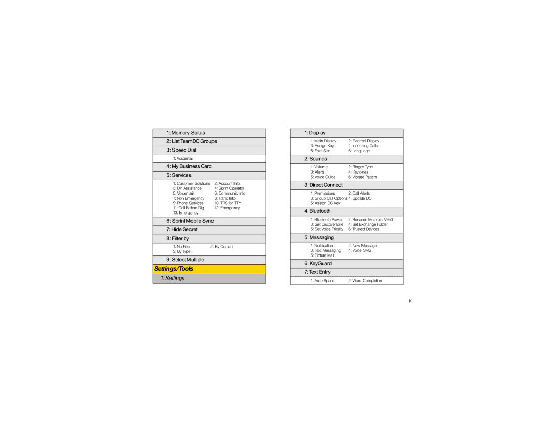 Motorola V950 manual Settings/Tools 