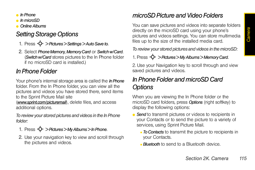 Motorola V950 manual Setting Storage Options, Phone Folder, MicroSD Picture and Video Folders, Camera 115 