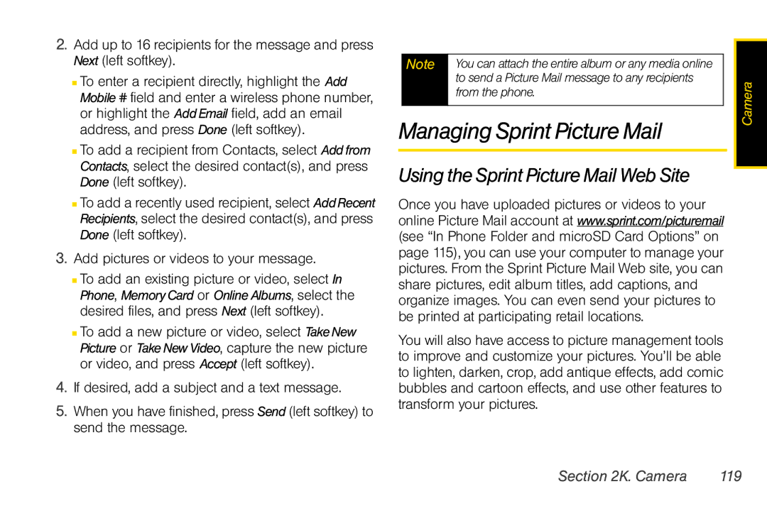 Motorola V950 manual Managing Sprint Picture Mail, Using the Sprint Picture Mail Web Site, Camera 119, From the phone 