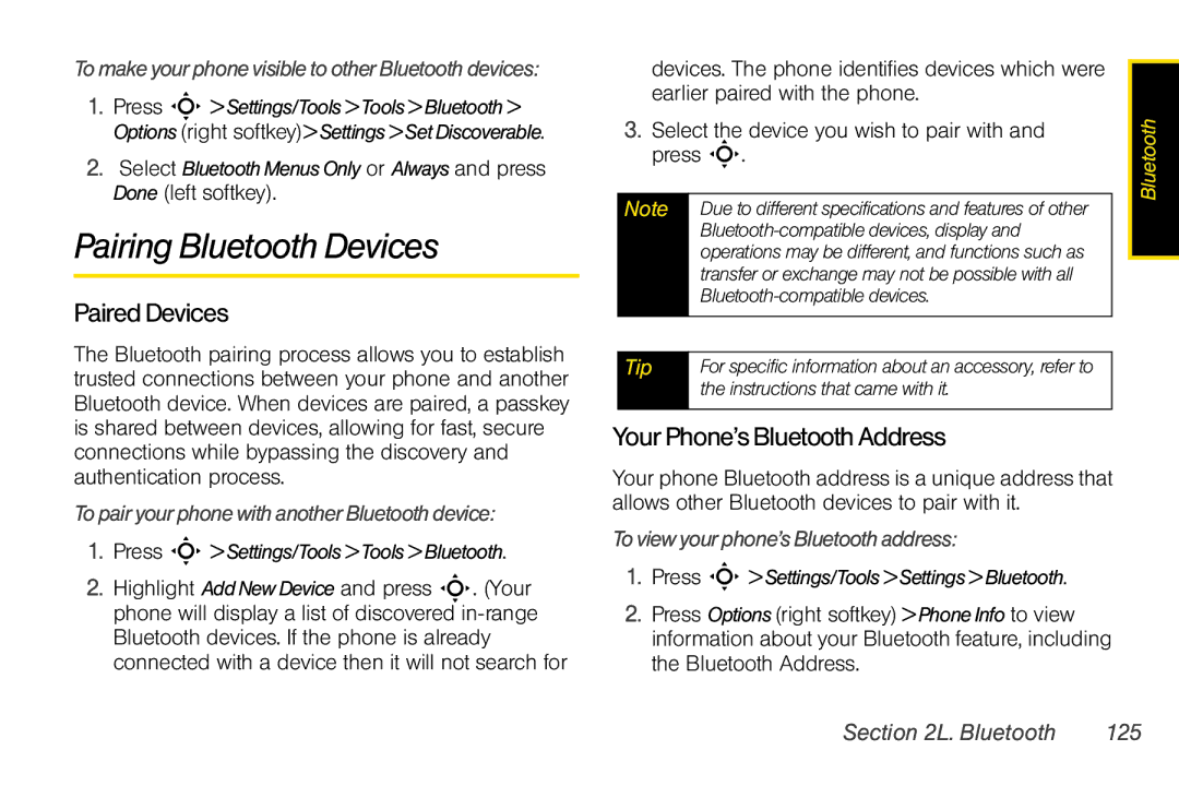 Motorola V950 manual Pairing Bluetooth Devices, PairedDevices, YourPhone’sBluetoothAddress 