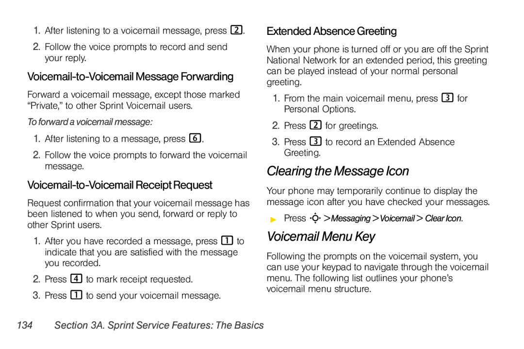 Motorola V950 manual Clearing the Message Icon, Voicemail Menu Key, Voicemail-to-VoicemailMessage Forwarding 