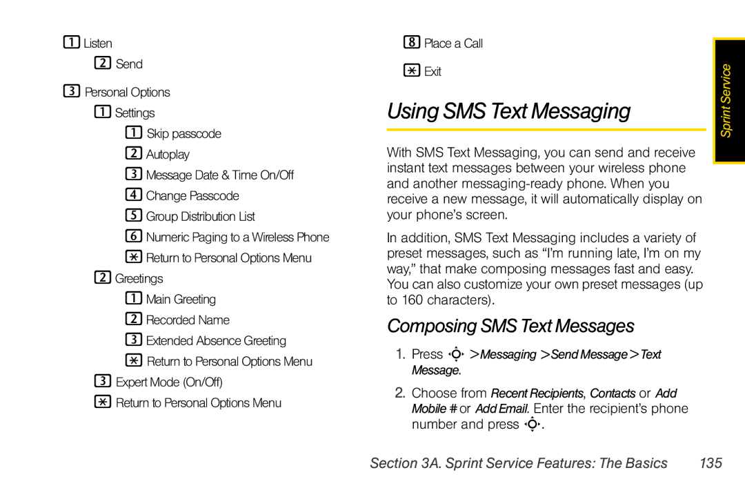 Motorola V950 manual Using SMS Text Messaging, Composing SMS Text Messages, Sprint Service Features The Basics 135 