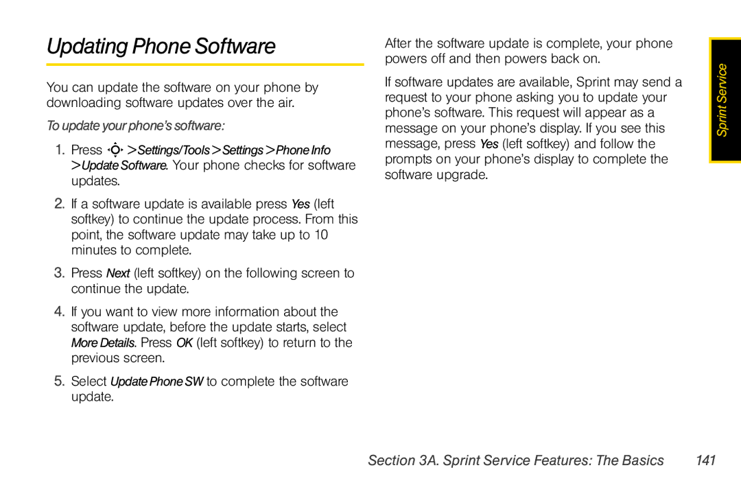 Motorola V950 manual Updating Phone Software, To update your phone’s software, Sprint Service Features The Basics 141 