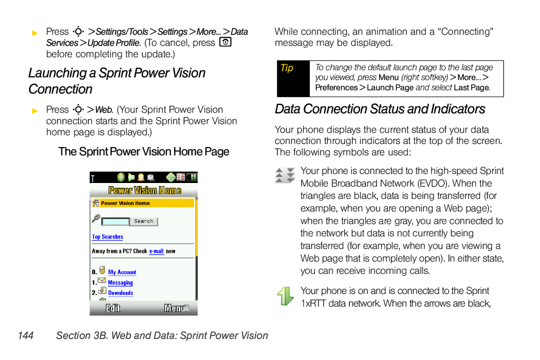 Motorola V950 Launching a Sprint Power Vision Connection, Data Connection Status and Indicators, Sprint Power Vision Home 