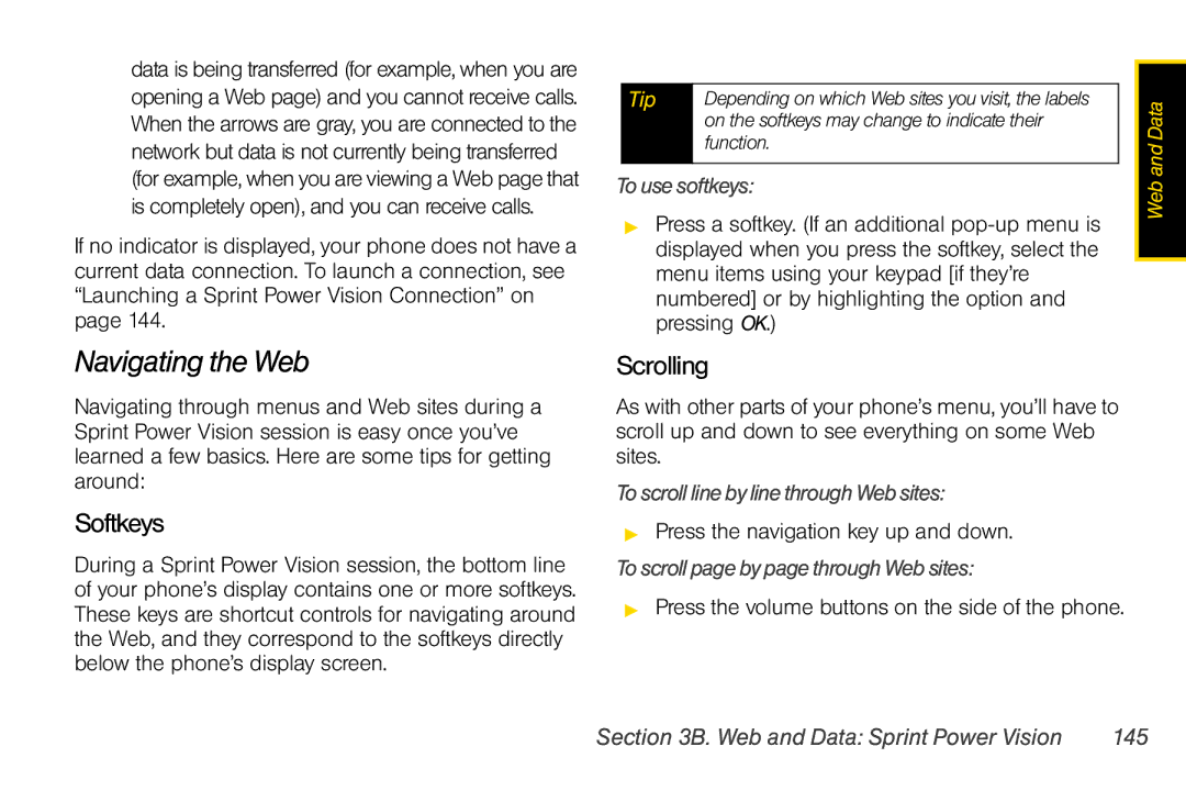 Motorola V950 manual Navigating the Web, Softkeys, Scrolling 