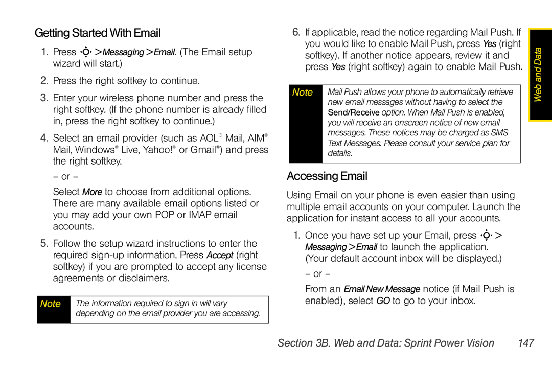 Motorola V950 manual Getting Started With Email, Accessing Email, Web and Data Sprint Power Vision 147 