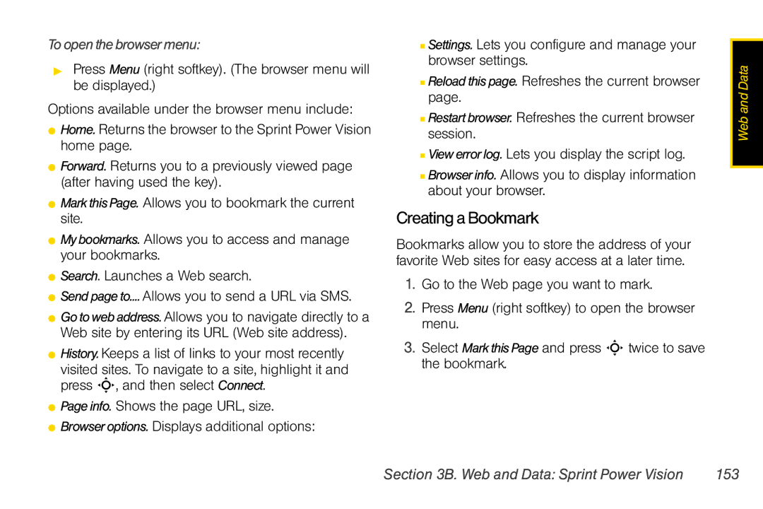 Motorola V950 manual Creating a Bookmark, To open the browser menu, Web and Data Sprint Power Vision 153 