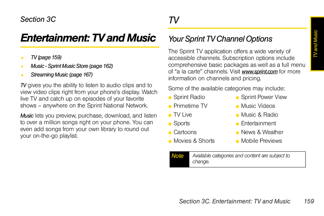 Motorola V950 manual Your Sprint TV Channel Options, Entertainment TV and Music 159 