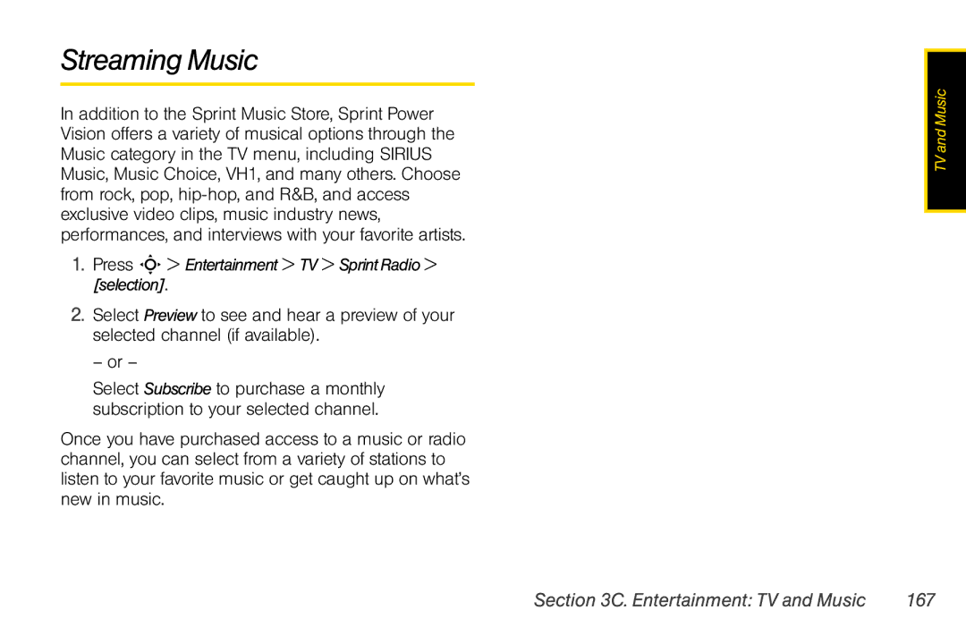 Motorola V950 manual Streaming Music, Entertainment TV and Music 167, Press S Entertainment TV Sprint Radio selection 