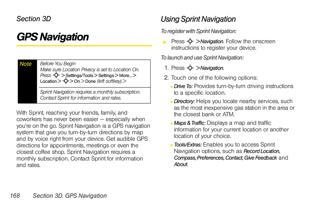 Motorola V950 manual GPS Navigation, Using Sprint Navigation, Toregister with SprintNavigation 