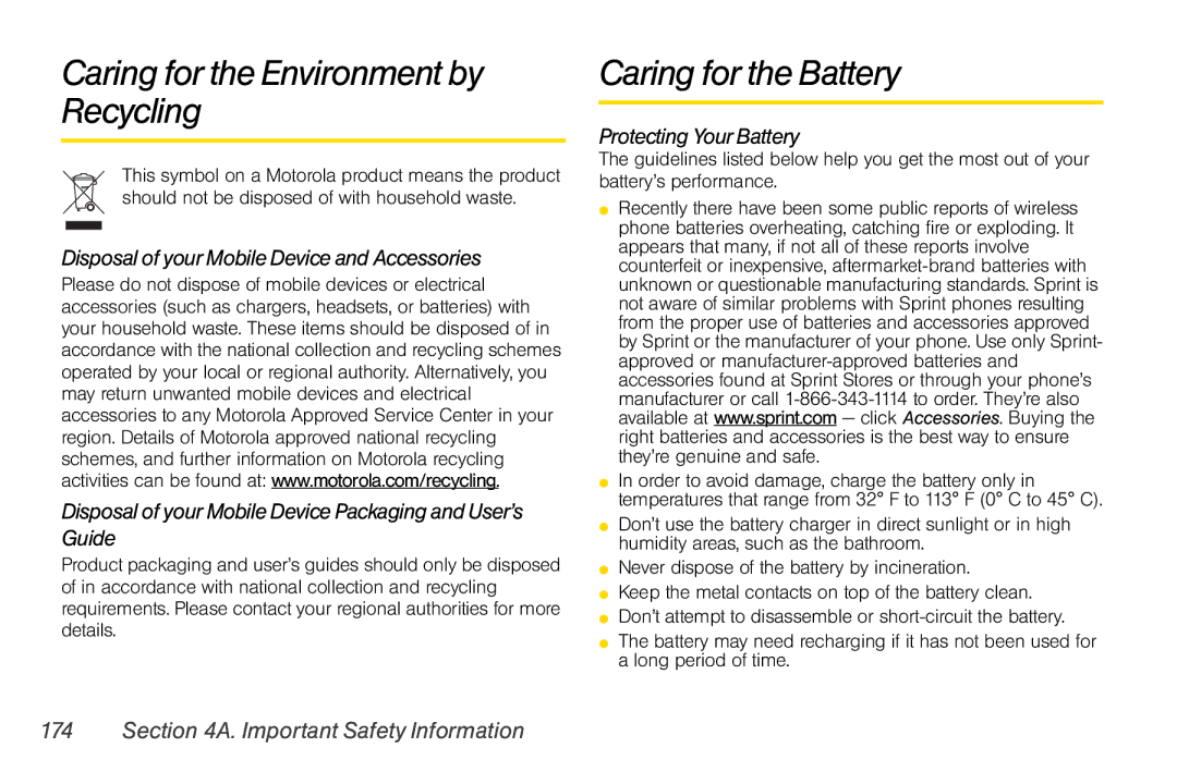 Motorola V950 manual Caring for the Environment by Recycling, Caring for the Battery 