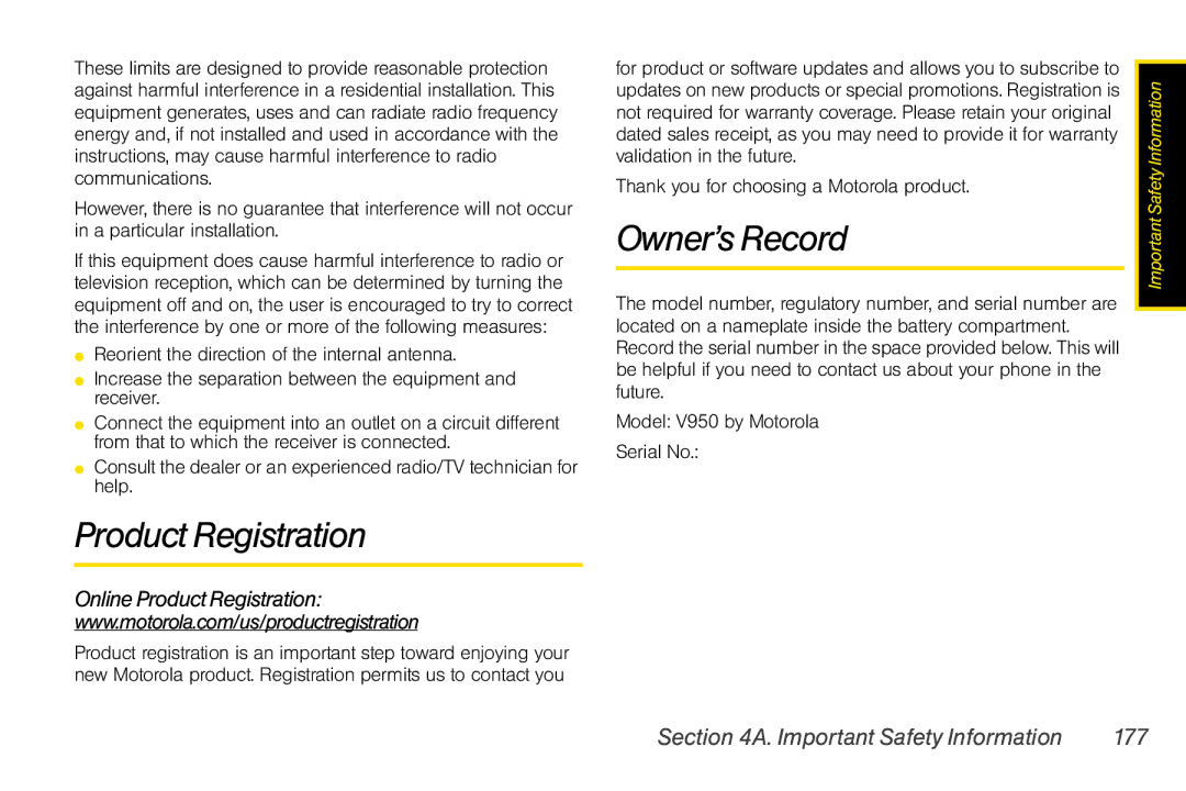 Motorola V950 manual Product Registration, Owner’s Record, Important Safety Information 177 