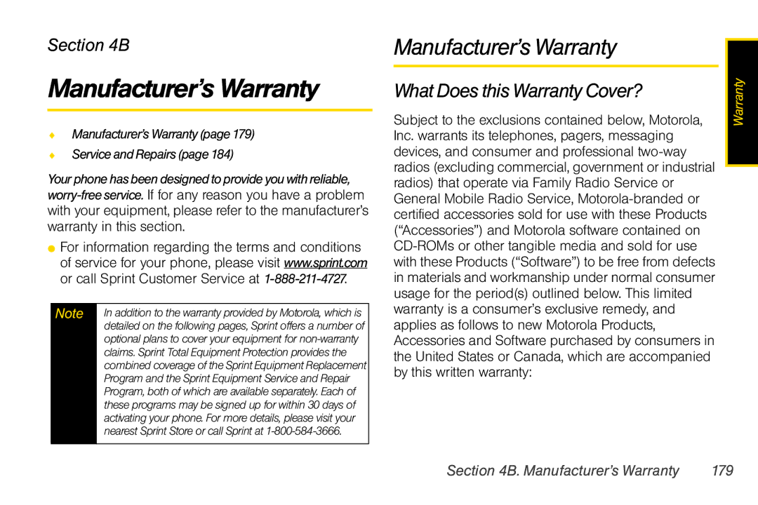 Motorola V950 manual What Does this Warranty Cover?, Manufacturer’s Warranty 179 