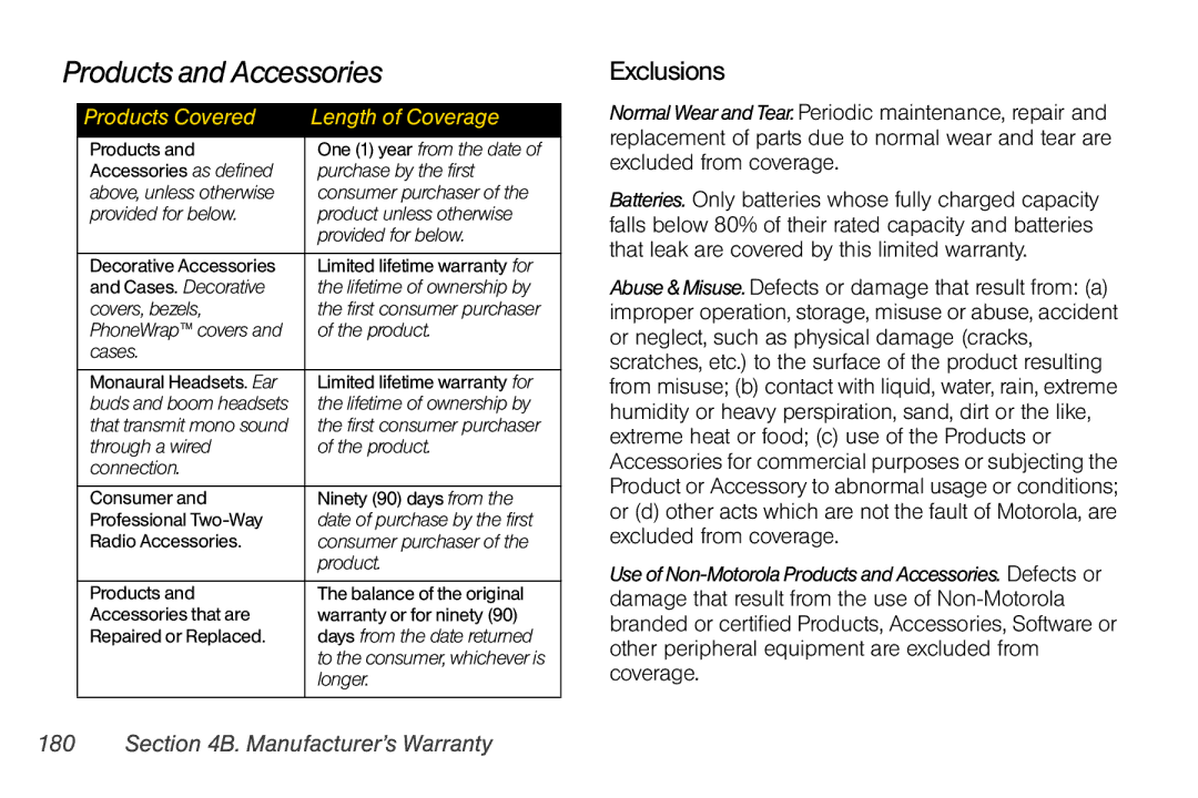 Motorola V950 manual Products and Accessories, Exclusions, Manufacturer’s Warranty 