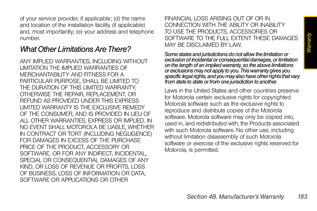 Motorola V950 manual What Other Limitations Are There?, Manufacturer’s Warranty 183 