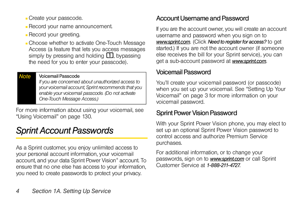 Motorola V950 manual Sprint Account Passwords, AccountUsernameandPassword VoicemailPassword, SprintPowerVisionPassword 