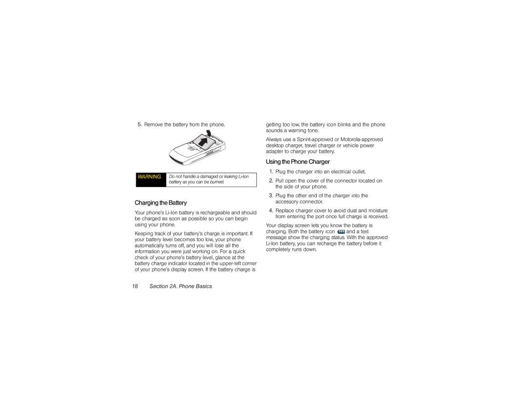 Motorola V950 manual Charging the Battery, Using the Phone Charger, Remove the battery from the phone 