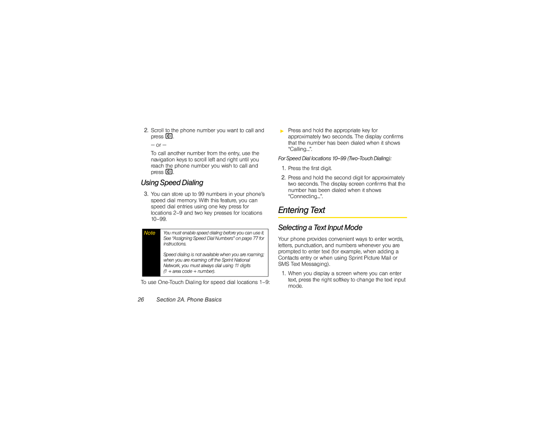 Motorola V950 manual Entering Text, Using Speed Dialing, Selecting a Text Input Mode 