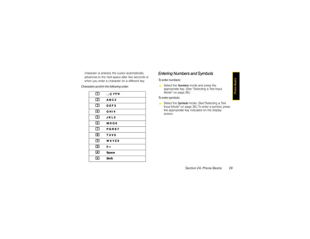 Motorola V950 Entering Numbers and Symbols, Characters scroll in the following order, To enter numbers, To enter symbols 